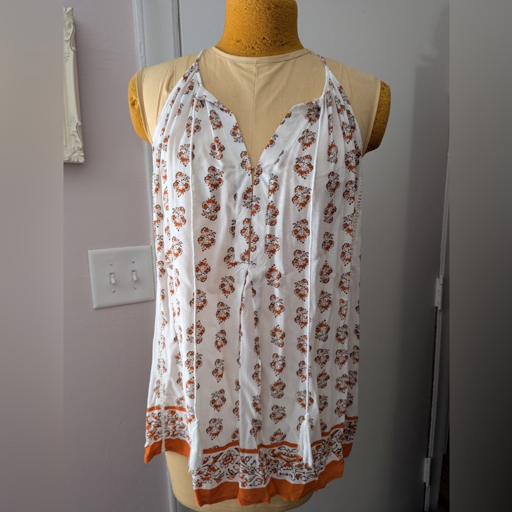 Cream and Orange Flowy Tank with Tie Tassles